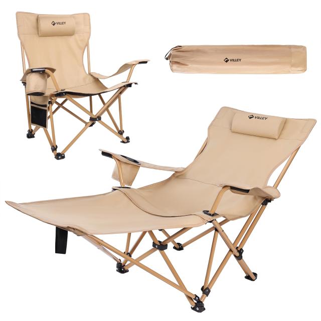 VILLEY アウトドアチェア リクライニングチェア キャンプ椅子 レイチェア 折りたたみ 枕とオットマン付き 耐荷重150KG 無段階 調節可能