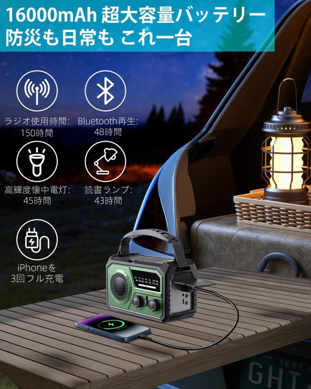 【METI認証済 16000mAh大容量】 防災ラジオ ソーラーラジオ 手回 AM/FM対応 Type-C充電 スマホ充電 Bluetooth5.3 スピーカー LEDライト_1