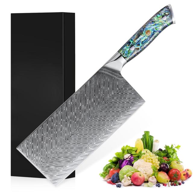 Utaki 中華菜切包丁 ダマスカス中華包丁 【Undine・ウンディーネ？】 67層流砂紋ダマスカス アワビ貝+樹脂のハンドル 両刃包丁