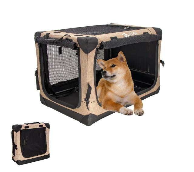 GPR ペット用ソフトクレート ペットキャリー ペットハウス 猫犬兼用 折りたたみ式 洗濯可能 取り外し可能 (カーキ, L)