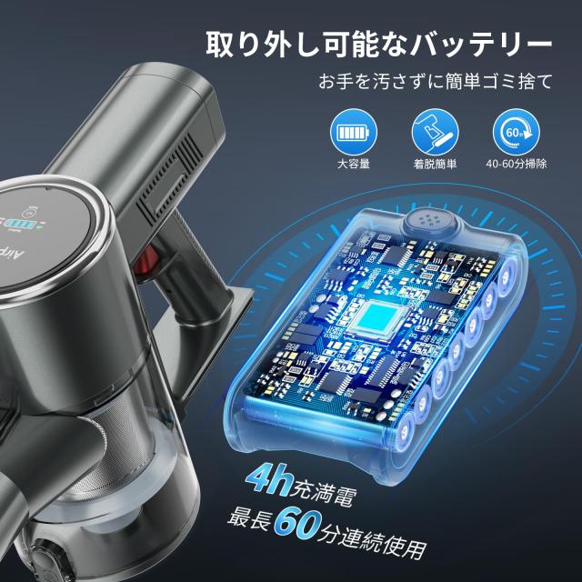 掃除機 コードレス 【45000pa強力吸引・自立式・60分連続稼働】Airpher コードレス掃除機 45kPA 40-60分連働 LED液晶ディスプレイ 軽量 の通販は