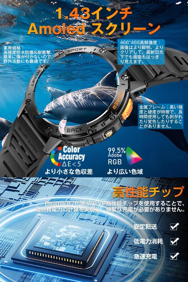 スマートウォッチ 【2025革新モデル 軍用規格&防水防塵耐衝撃】1.43インチAMOLED高精度画面 懐中電灯付き 通話機能付き 530mAh長持ちバッの通販は スマートウォッチ 【2025革新モデル 軍用規格&防水防塵耐衝撃】1.43インチAMOLED高精度画面 懐中電灯付き 通話機能付き 530mAh長持ちバッの通販は