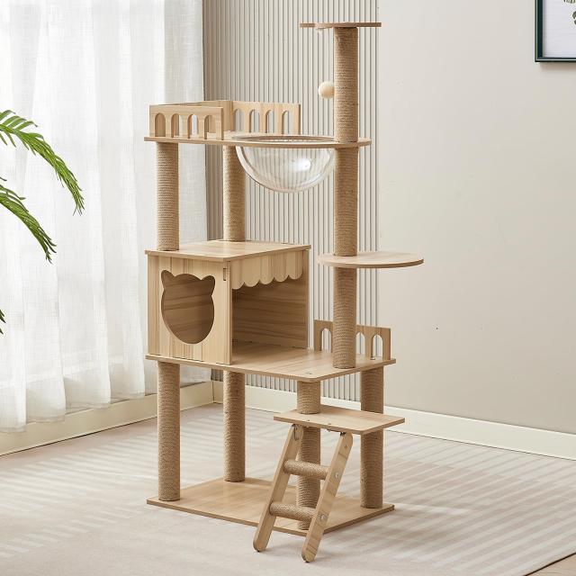 Yinanroa キャットタワー - スリムデザイン 大型猫用 老猫や肥満猫、子猫向けキャットハウス 宇宙船型透明ボウル 多頭飼い 対応 組み立て