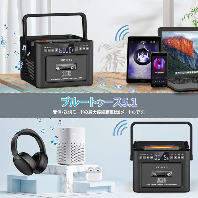 Greadio 2025 多機能CDラジカセ 5000mAhバッテリー 充電式CDラジオ