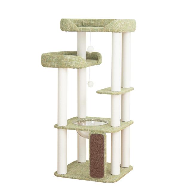 LULUCAT キャットタワー 据え置き おしゃれ クッション入りベッド 高さ135cm 多頭飼い コンパクト シニア猫 冬夏兼用 夏用ござ付き 大型