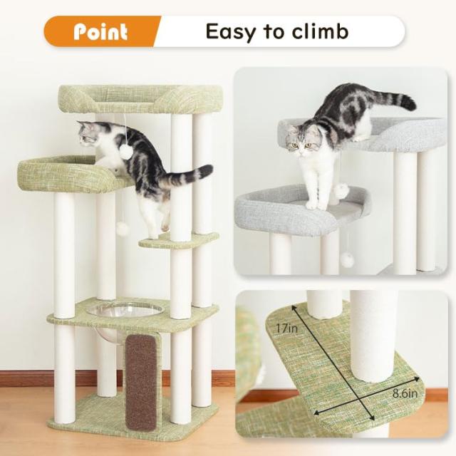LULUCAT キャットタワー 据え置き おしゃれ クッション入りベッド 高さ135cm 多頭飼い コンパクト シニア猫 冬夏兼用 夏用ござ付き 大型