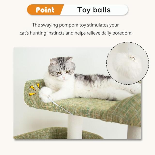 LULUCAT キャットタワー 据え置き おしゃれ クッション入りベッド 高さ135cm 多頭飼い コンパクト シニア猫 冬夏兼用 夏用ござ付き 大型