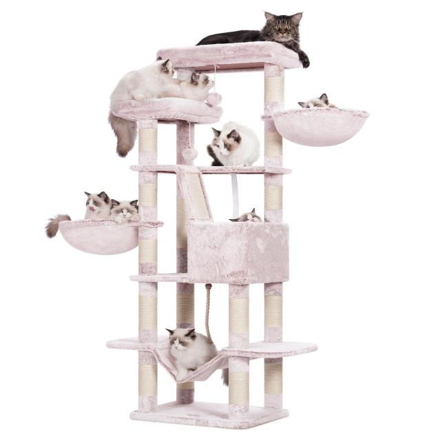 Heybly キャットタワー 大きな猫や多頭飼い 超スリム 据え置き型 省スペース 登りやすい ハンモック2つ 大きな見晴らし台 天然麻紐 爪研