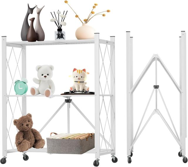 3段 折りたたみスチールラック【広げるだけで使える】幅71×奥行34×高さ87cm 収納ラック 棚ラック スチールシェルフ キャスター付きメタ