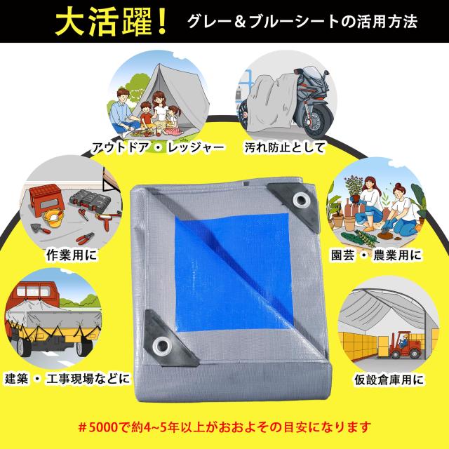 TARPAL グレーシート ブルーシート防水 #5000 激厚手 5.4m×7.2m 約16畳 ハトメ付き 高耐久性 高耐寒性 屋外 屋根_5