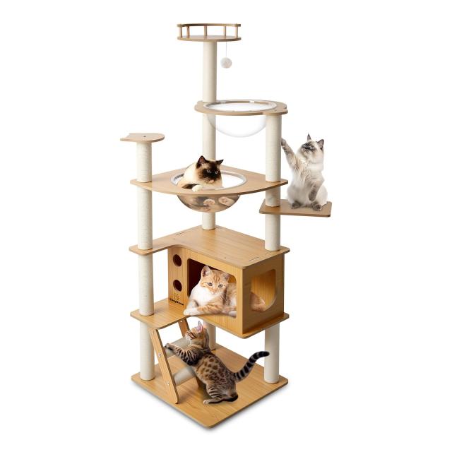 CozyMeow キャットタワー 木製 スリム 宇宙船 据え置き 厚さを増した