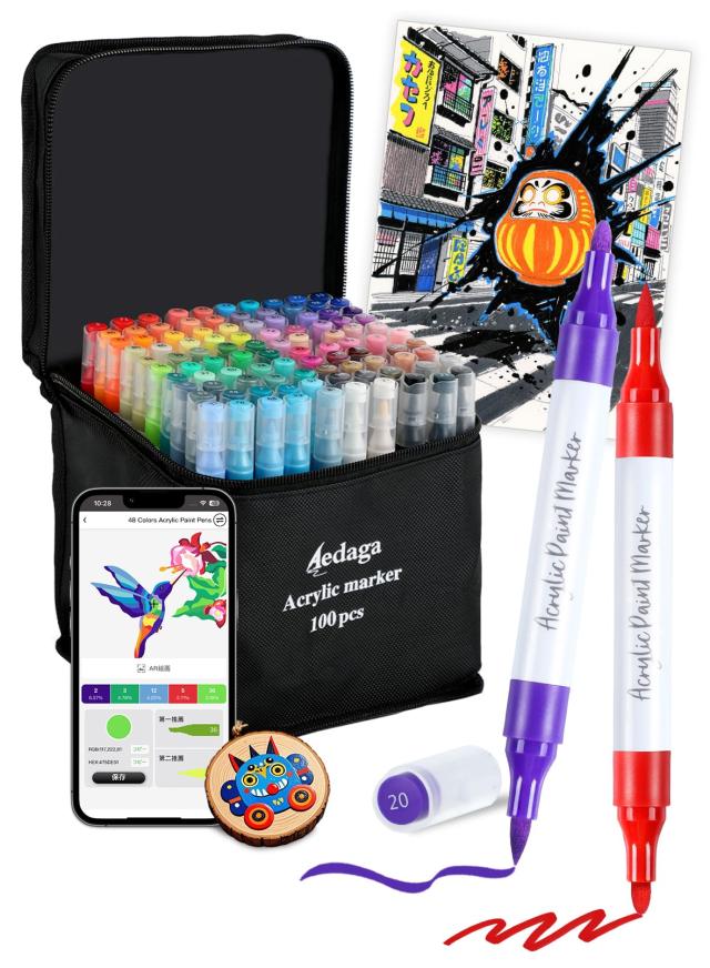 アクリルマーカー 100色セット 色付き号水性ペン 無料アプリ付き カラーペン 毒性無し 防水 速乾 耐光 太細両端 プラ板/ガラス/陶器/木材