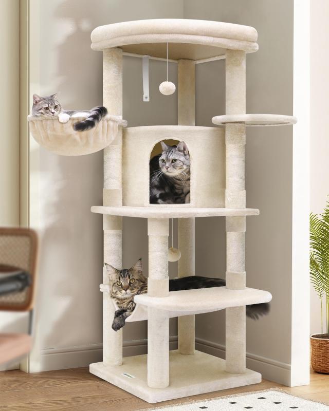 Globlazer キャットタワー コーナ猫タワー 猫ハウス コンパクト 据え置 き 天然麻紐 爪とぎポール 隠れ家 展望台 ハンモック ポンポン お