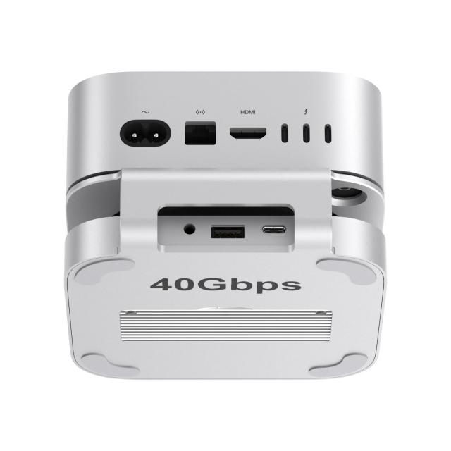 Qwiizlab Mac mini M4/M4 Pro スタンドハブ 40Gbps USB4 NVMe SSDエンクロージャ付き USB-Cホスト 3 USB-A 2.0 3.5mmオーディオ M.2 PCIe