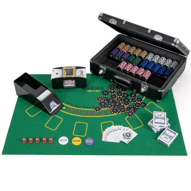 GIANTEX ポーカーチップ 600枚 6色 数字入り 9点セット カジノ14g ポーカーセット アルミケース 鍵付き ポーカーマット付き ダイス5個