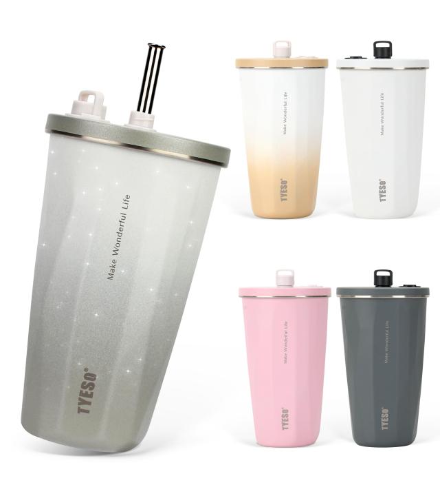 【SNSで話題】TYESO タンブラー ストロー付き 600ml ステンレス 蓋付き 真空断熱 保温 保冷 アウトドア 持ち運び便利 直飲み 漏れない 大