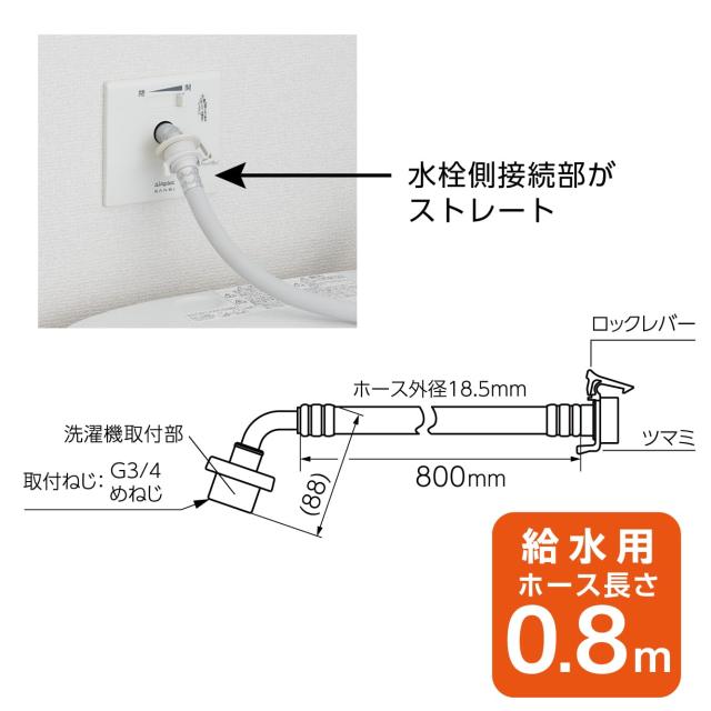 SANEI(サンエイ) FB自動洗濯 機給水ホース ストレート 0.8m ウルトラファインバブル搭載 折れ曲がり防止 全自動洗濯 機接続 G3/4 PT176-1X-