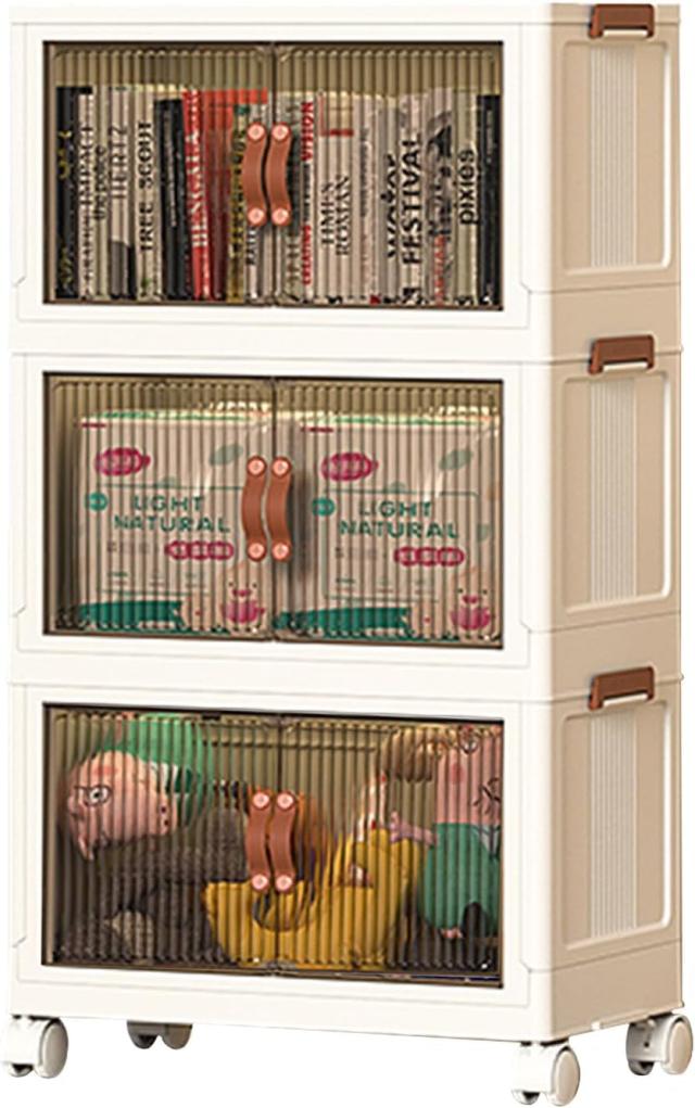 Roqao 収納ボックス コンテナ 折り畳み 収納ケース 三段ボックス 蓋付き収納 衣装ケース マグネットドア キャスター付き 大容量 (70×44