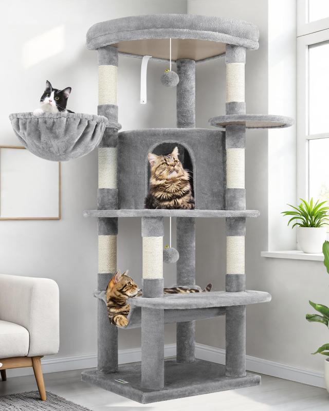 Globlazer キャットタワー コーナ猫タワー 猫ハウス 大型猫 据え置 き 天然麻紐 爪とぎポール 隠れ家 展望台 ハンモック ポンポン おもち