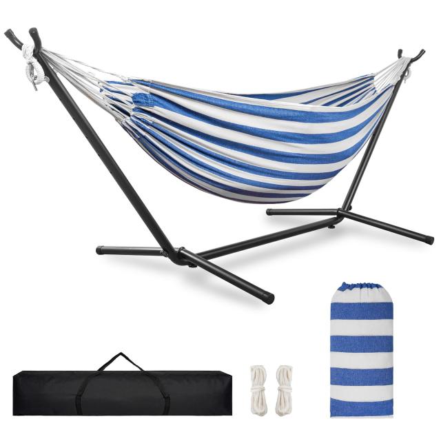 TORIBIO ダブルハンモック 自立式スタンド 耐重荷250kg 室内 屋外用 収納バッグ付き アウトドア キャンプ 公園 部屋 (青白い縞)