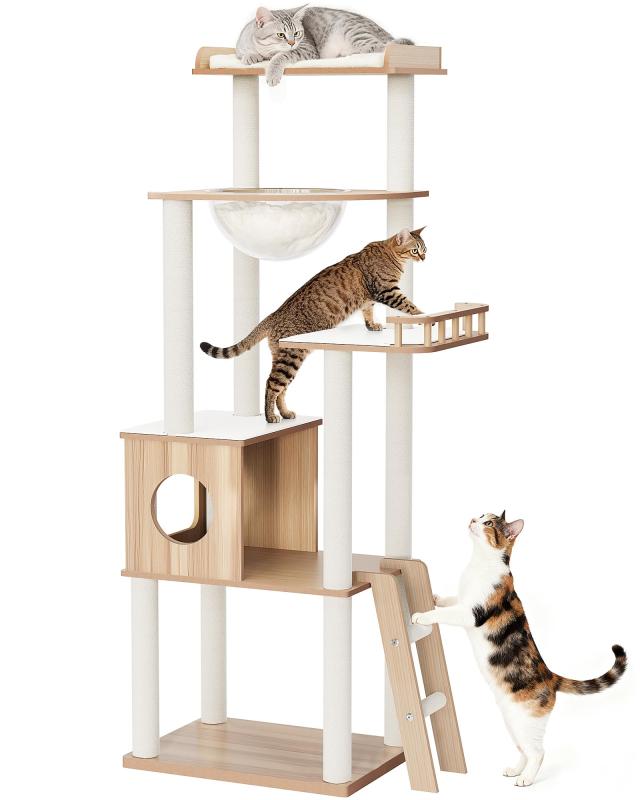 OROPY キャットタワー 据え置き型 木製 157cm 5段猫タワー 多頭飼い 大型猫対応 短足猫 老猫 太り気味猫に優しい 宇宙船ハンモック 隠れ