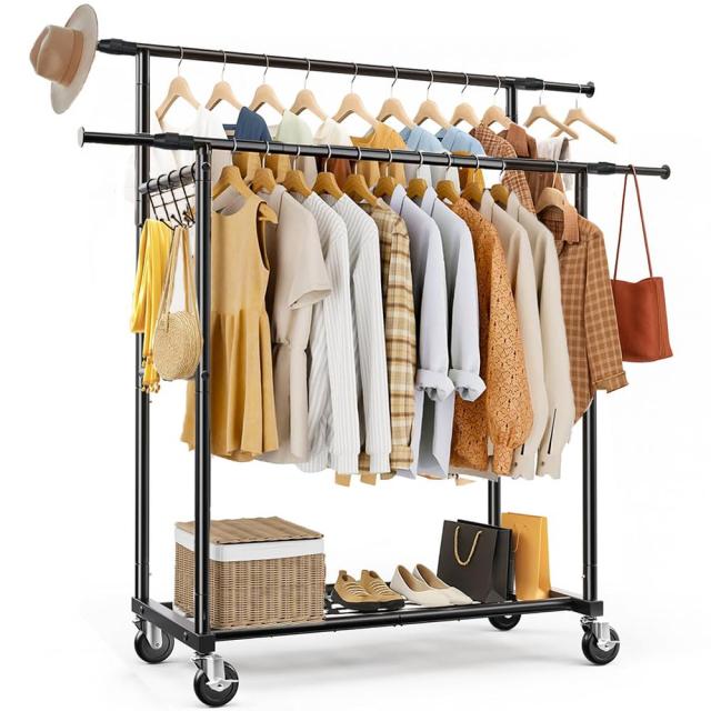 PluieSoleil ハンガーラック 頑丈 2段 200kg耐荷重 伸縮ポール＆収納ネット ストレッチ（91cm-150cm）ベッドルーム 衣類 ラック 室内物干1