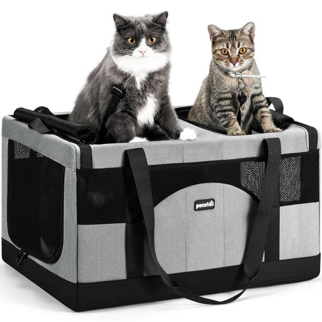 Pecute ペット 猫犬キャリー バッグ 2猫用 ソフトクレート 安定 脱走防止 犬猫兼用 ソフトキャリー 折りたたみ可能 通気性 車載・旅行・