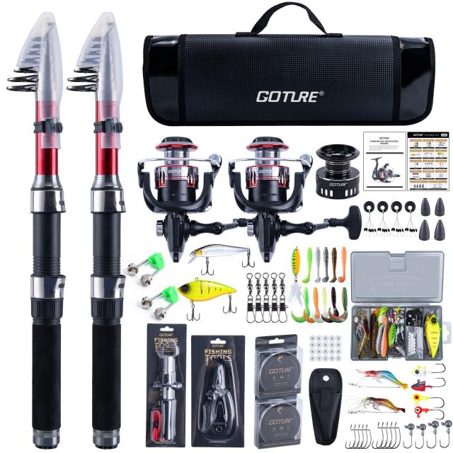 Goture 御釣り仕かける 釣り竿 2.1M 14点仕かける カーボン伸縮釣竿2本 スピニングリール2本 ナイロン釣り糸2巻き付き ルアーセット付き添い人 貯蓄スプー