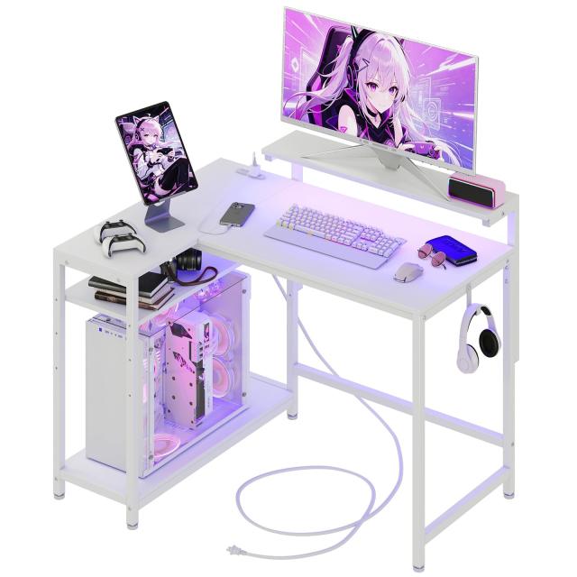 【モニター台1個付き・棚板高さ調節・左右設置可能】LunarLight PCパソコンデスク 幅110×奥行き80×高さ72？ テレワーク L型デスク・左