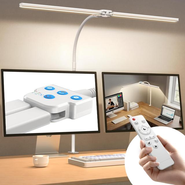 【2025新登場】Hoxhyon デスクライト LED 白 クランプ式 卓上ライト 電気スタンド 目に優しい【ダブル光源 広範囲・高均一照明・無線リモ