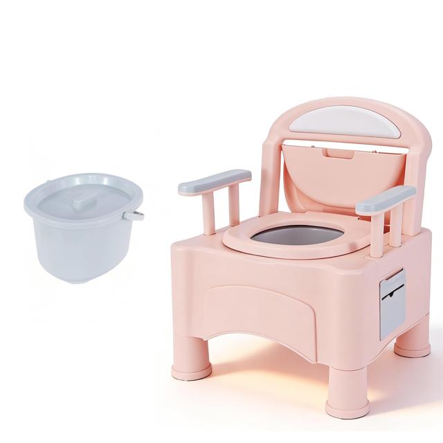 BQKOZFIN 簡易トイレ介護用 ポータブルトイレ 多機能 洋式トイレ 手すり付き蓋付き自家ベッド横仮設トイレ 防災非常用災害用 薄ピンク 適