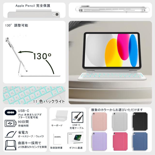 RAYMCRAFT iPad 第 11 世代 (A16, 2025) / 第 10 世代 対応 キーボードケース、iPad 第 11/10 世代 10.9 インチ用 マジックキーボード、1_6