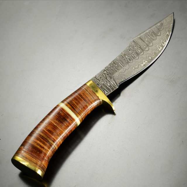 Damascus ハンティングナイフ 固定刃 ダマスカス鋼 レザー