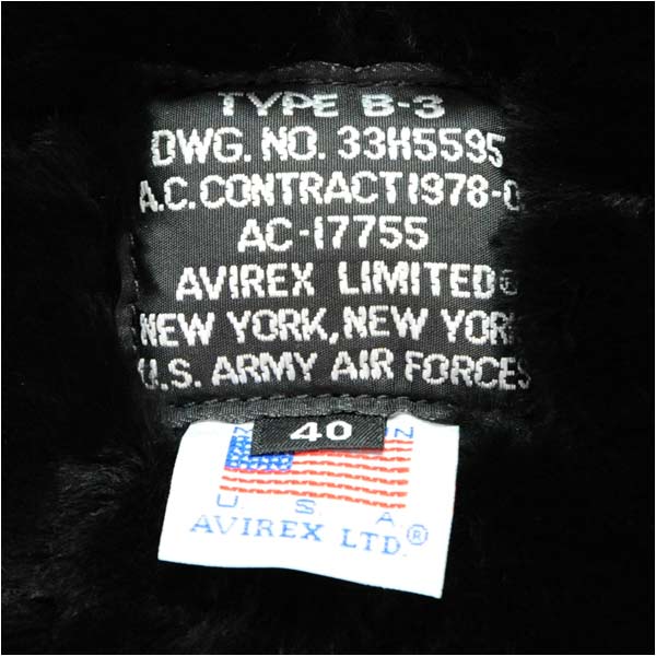 AVIREX B-3 フライトジャケット ムートン ブラック [ 36サイズ