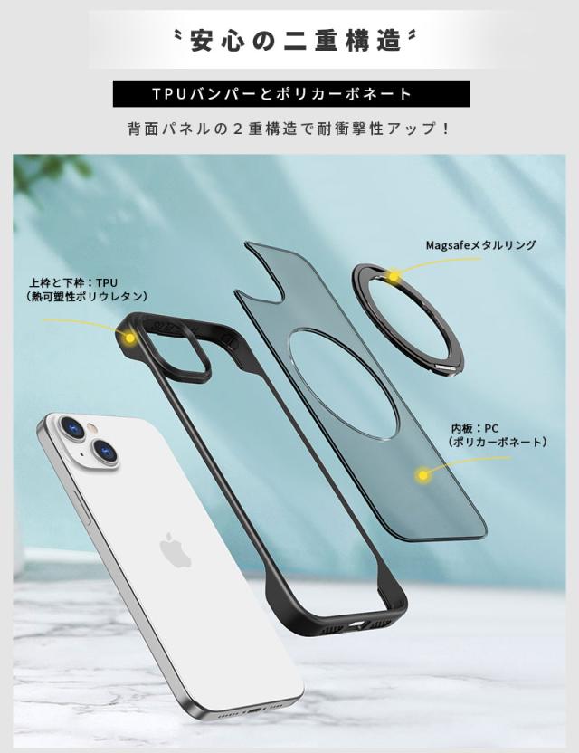 フレームレスケース 360度回転スタンド】 縦横両対応 iPhone 15