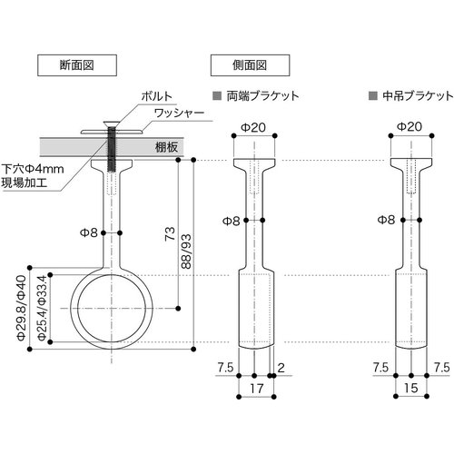 南海プライウッド 収納金具 パイプセットC 上吊 シルバー φ25 L＝1300？ HPC-B25-1300