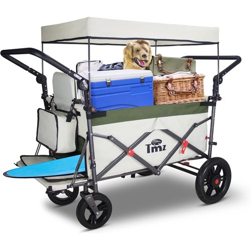 TMZ キャリーカート アウトドアワゴン、折りたたみ式 耐荷重約120kg、ストッパー付き クリーム色／グリーン