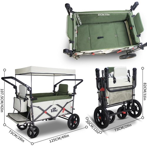 TMZ キャリーカート アウトドアワゴン、折りたたみ式 耐荷重約120kg、ストッパー付き クリーム色／グリーン_1