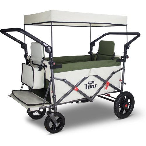 TMZ キャリーカート アウトドアワゴン、折りたたみ式 耐荷重約120kg、ストッパー付き クリーム色／グリーン_8