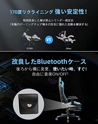 GTRACING PCゲーミングチェア テレワークイス 内蔵スピーカー付き オットマン ゲーム用チェア パソコンチェアー オフィスチェア 無段階リクライニング/調節可能ランバーサポート /クラス４シリンダー 昇降幅10?p /音楽ゲーミング_4