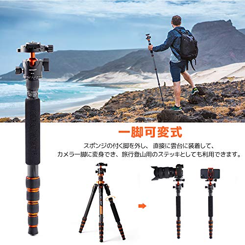 三脚 K&F Concept カーボン カメラスマホ 三脚 超軽量 コンパクト 5段 170cm 一脚可変式 耐荷重10kg 中心軸反転 360度回転自由雲台 予備用クイックリリースプレート三脚ケース付き 一眼レフカメラ トラベル用の通販は