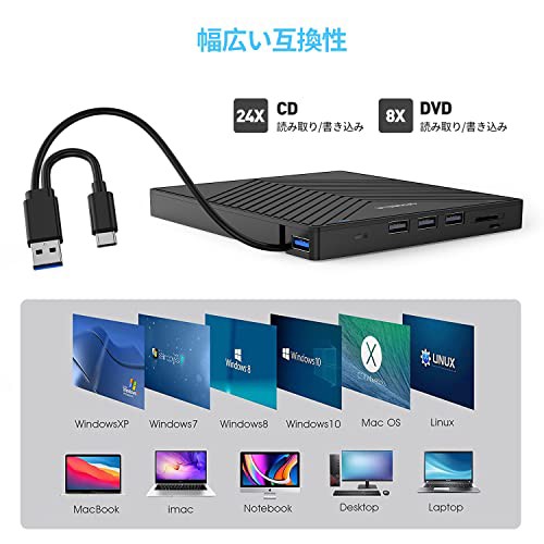 ORIGBELIE CD DVDドライブ 外付け 光学 USB HUB 薄型ポータブル Mac