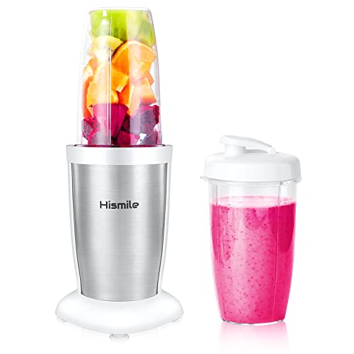 Hismile小型 ミキサー ジューサー コーヒーミル チタンコートカッター 氷も砕ける ハイパワー400W 一台多役 栄養ジュース スムージー コーヒーミル ステンレス コンパクトデザイン レシピプレゼント 持ち運び 操作簡単 ホワイト