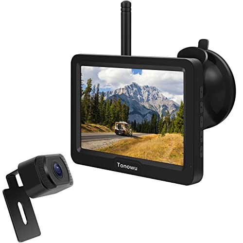 Tonowu バックカメラモニターセット ワイヤレスバックカメラ24v ワイヤレスバックモニター 5インチIPSモニター 12v~24vまで対応 デジタル信号 2分割表示可能 ガイドライン微調整可能 正像・鏡像を切替可能 メーカー2年ほしの通販は