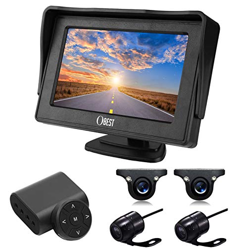 OBEST オンダッシュモニター ワンボタンで前左右のカメラ画像切り替え 防水感光バックカメラセット ナイトビジョン フロント/サイド/バックカメラ監視 正像切替機能 ガイドライン無 取り付け簡単 (4.3インチモニター＋４個カメラ)の通販は