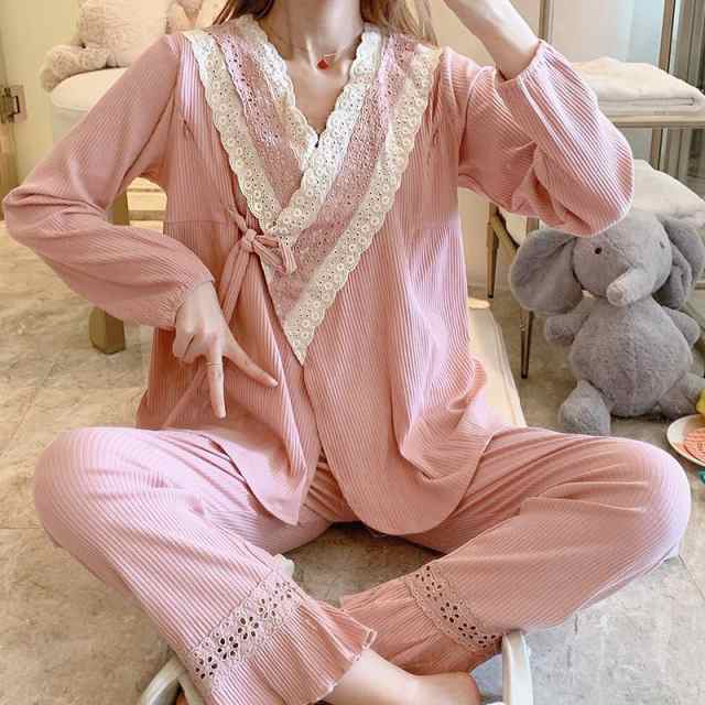 新品 2点パジャマ レディース マタニティーパジャマ 授乳服 春夏秋冬 長袖 マタニティーパジャマ 綿 レース 妊娠 上下セット ルームウェア 部屋着 ママ産前/産後の通販は