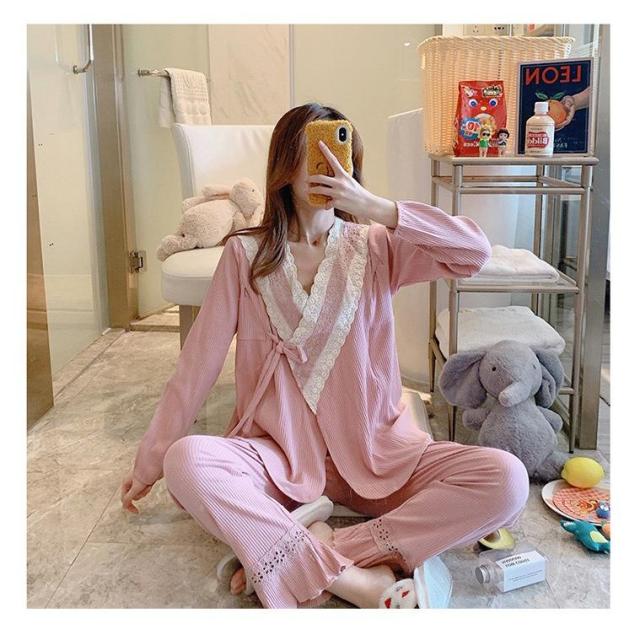 新品 2点パジャマ レディース マタニティーパジャマ 授乳服 春夏秋冬 長袖 マタニティーパジャマ 綿 レース 妊娠 上下セット ルームウェア 部屋着 ママ産前/産後の通販は