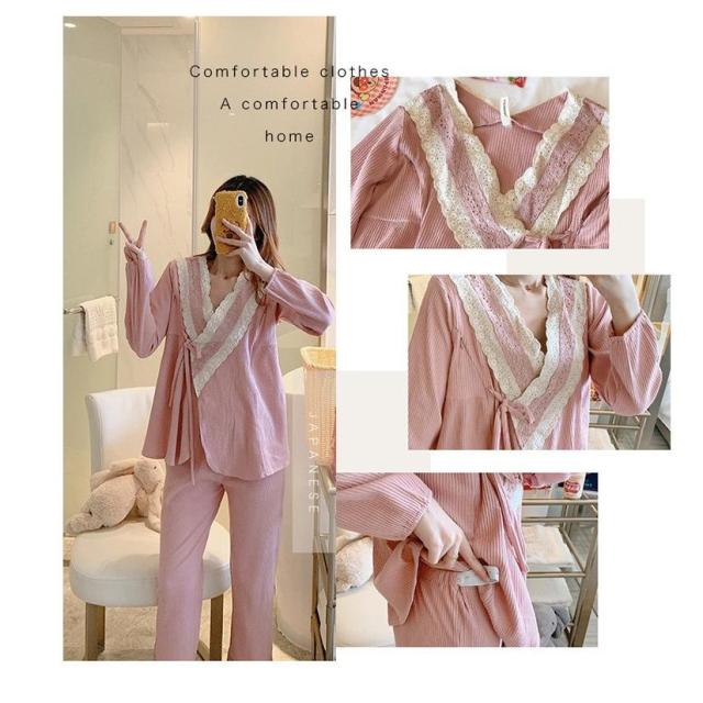 新品 2点パジャマ レディース マタニティーパジャマ 授乳服 春夏秋冬 長袖 マタニティーパジャマ 綿 レース 妊娠 上下セット ルームウェア 部屋着 ママ産前/産後の通販は