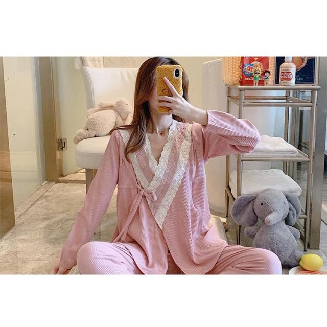 新品 2点パジャマ レディース マタニティーパジャマ 授乳服 春夏秋冬 長袖 マタニティーパジャマ 綿 レース 妊娠 上下セット ルームウェア 部屋着 ママ産前/産後の通販は