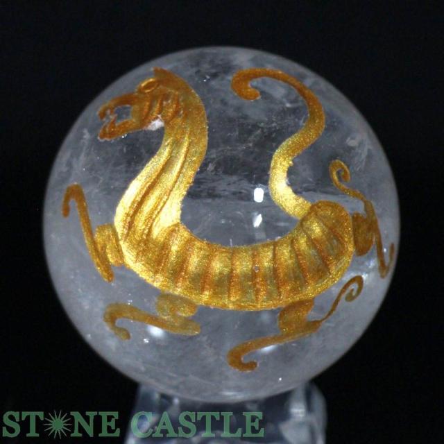 ☆一点物☆【彫刻置物】丸玉 レインボー水晶 白虎 (金彫り) 約